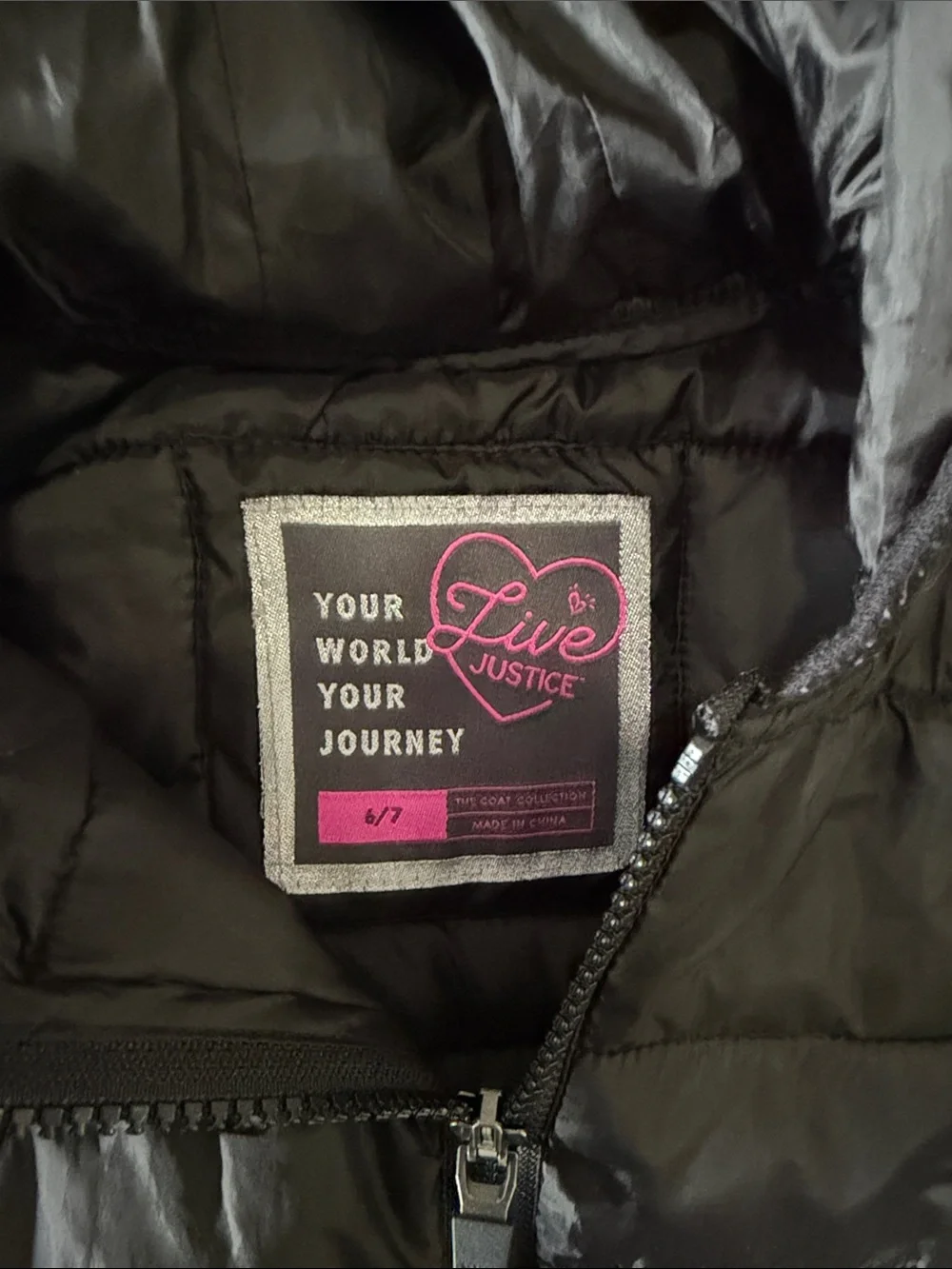 Justice Black Quilted Hooded Zip Jacket with Logo Pocket Trim